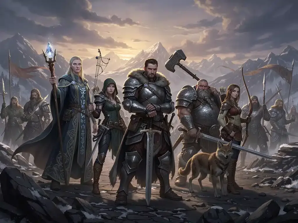 Diversos personajes de fantasía, guerreros y magos, en un paso montañoso listos para una gran aventura.