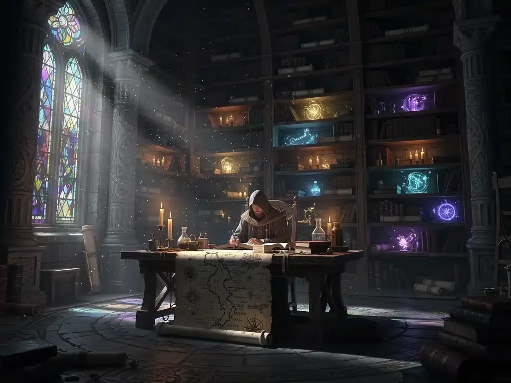 Antigua biblioteca mística con tomos mágicos y una figura investigando un mapa, simbolizando conocimiento.