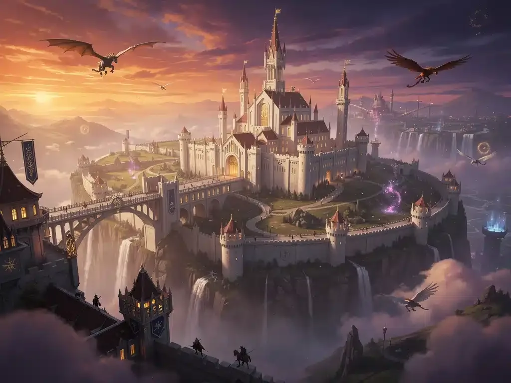 Paisaje épico de fantasía con castillos y criaturas míticas al atardecer, evocando misterio y aventura.