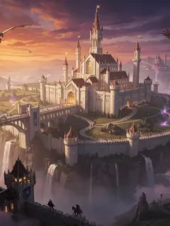 Paisaje épico de fantasía con castillos y criaturas míticas al atardecer, evocando misterio y aventura.