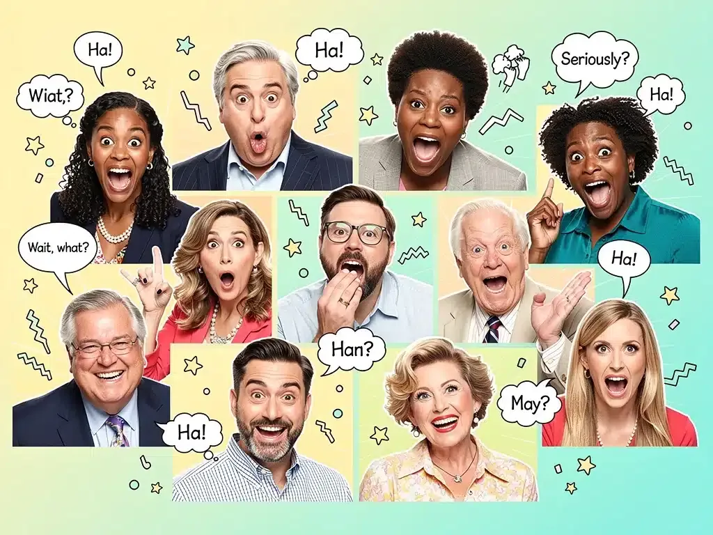 Collage de personajes de series de comedia con expresiones divertidas y veraniegas.