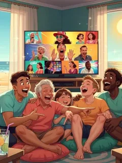 Grupo de amigos riendo a carcajadas viendo series de comedia en verano de 2026.