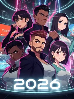 Collage dinámico de personajes de animación para adultos que simbolizan la innovación en series de 2026.