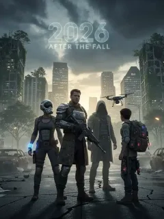 Póster promocional de una serie post-apocalíptica de ciencia ficción, con un paisaje urbano en ruinas y personajes futuristas.