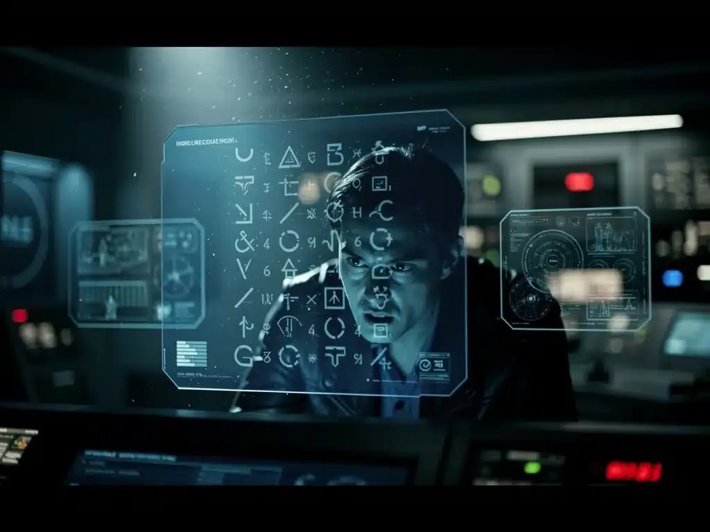 Escena de intriga de una serie de suspense futurista con elementos de alta tecnología.