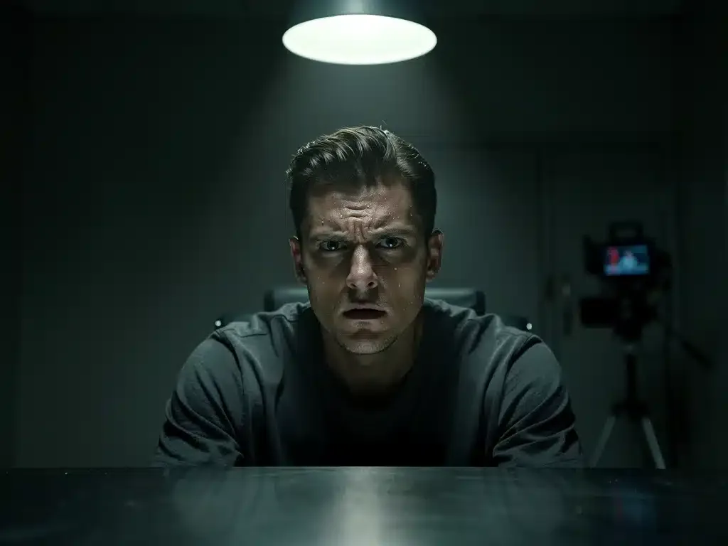 Personaje bajo interrogatorio en una sala oscura, reflejando la tensión psicológica del suspense.