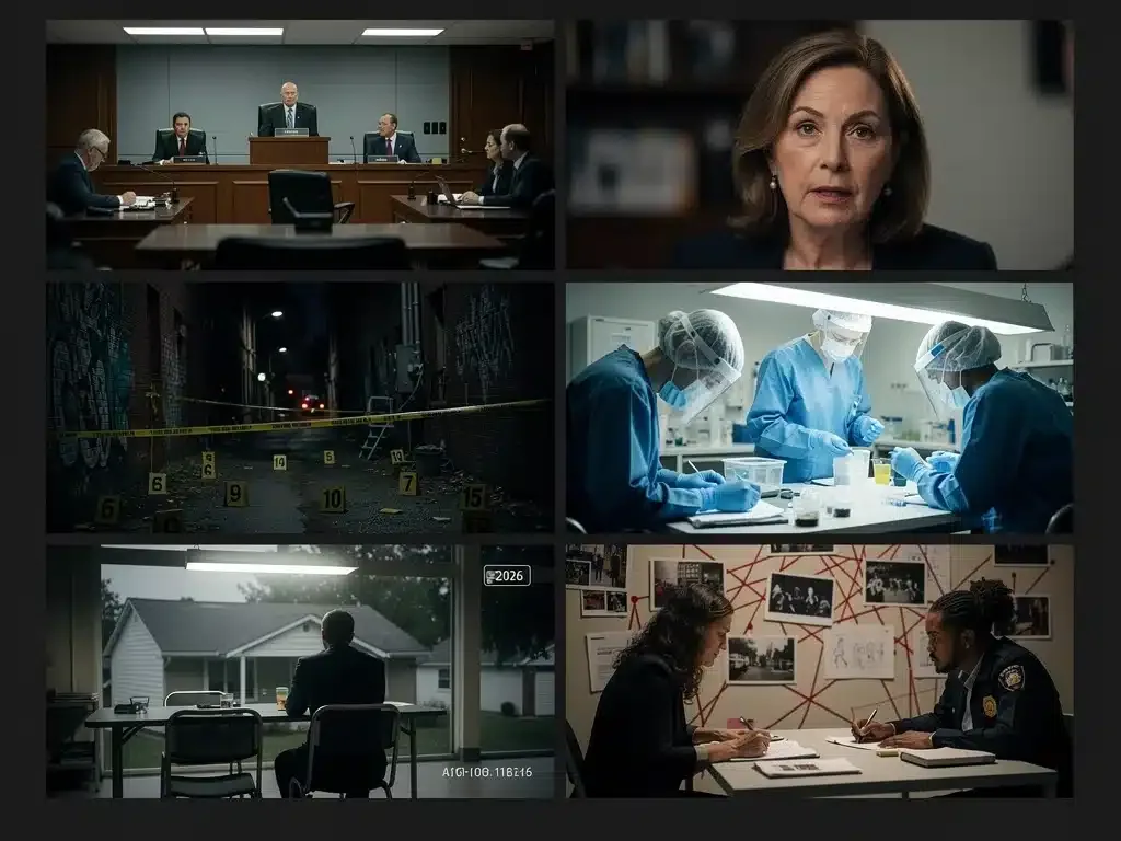 Collage de escenas de documentales de crímenes reales, incluyendo tribunales, entrevistas y reconstrucciones, ilustrando la diversidad temática.