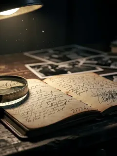 Mesa de detective con cuaderno, lupa y fotos de escenas del crimen borrosas, iluminada. Simboliza la investigación de crímenes reales en 2026.
