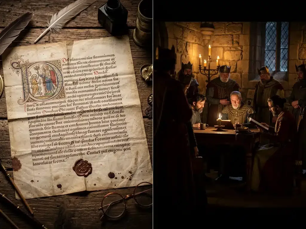 Comparación visual entre un documento histórico auténtico y una escena de una serie, destacando la precisión de las series históricas precisas 2026.