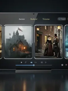 Las 5 series históricas más precisas y cautivadoras de 2026 (Análisis de datos de IMDB y Rotten Tomatoes), mostrando elementos de diferentes épocas y una interfaz de streaming.
