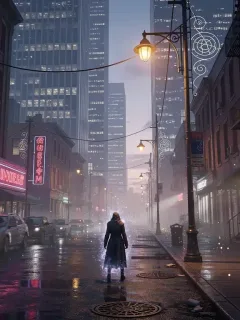 Paisaje urbano mágico al anochecer, destacando la fusión de elementos sobrenaturales y la realidad cotidiana.