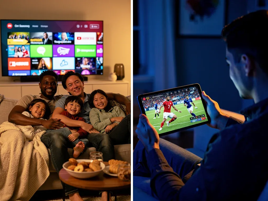 Familia viendo series y deportes en diferentes dispositivos, mostrando la diversidad de contenido streaming.