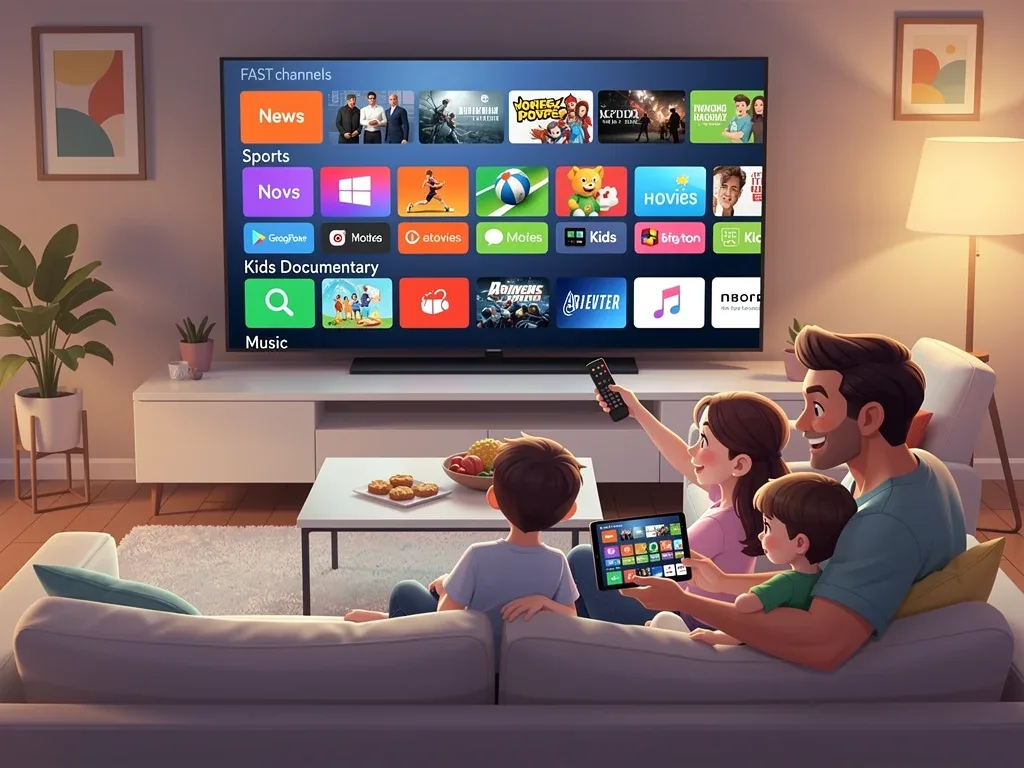 Familia viendo contenido diverso en una Smart TV a través de streaming FAST.
