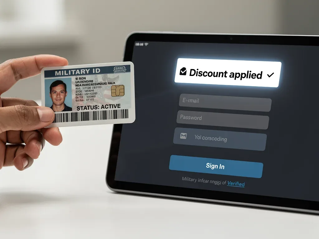 Tarjeta de identificación militar junto a una tableta mostrando un descuento aplicado en un servicio de streaming.