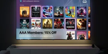 Pantalla de streaming con el logo de AAA y un 15% de descuento en entretenimiento digital, mostrando beneficios exclusivos para miembros.