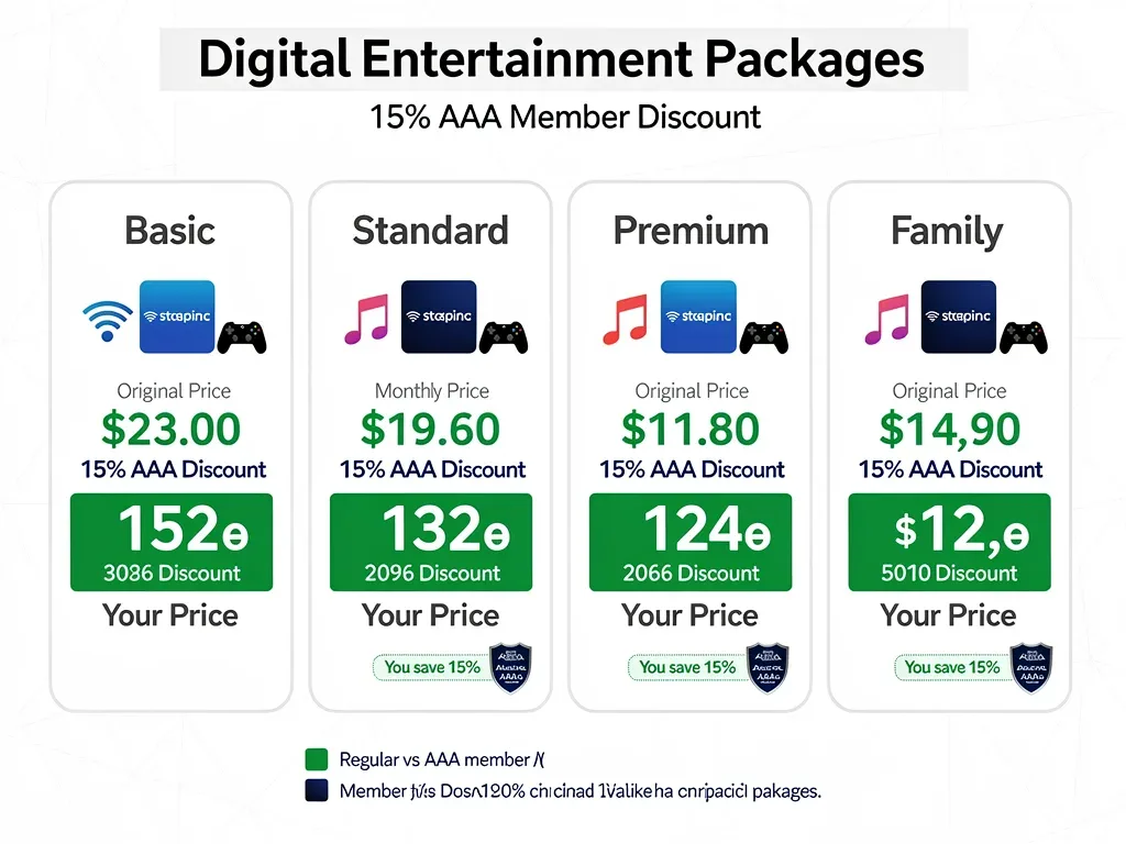 Gráfico comparativo de paquetes de entretenimiento digital con el descuento del 15% de AAA, destacando el ahorro para miembros.