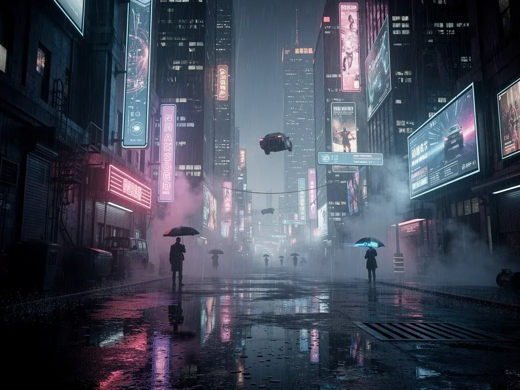 Paisaje urbano futurista y oscuro, evocando el ambiente de un thriller psicológico en Apple TV+.