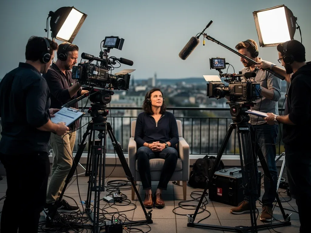 Equipo de producción grabando uno de los documentales originales de 2026, destacando la calidad cinematográfica y la dedicación detrás de cada proyecto.