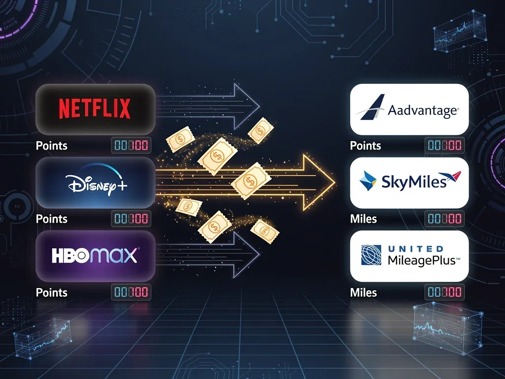 Infografía detallando la conexión entre plataformas de streaming y programas de viajero frecuente para acumular millas.