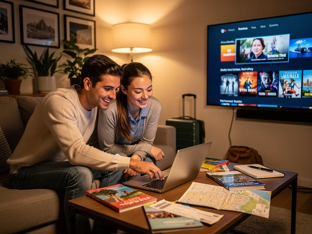 Pareja planeando un viaje con laptop, mientras se ve streaming en TV, mostrando el impacto de acumular millas con entretenimiento.