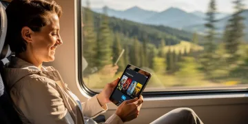 Viajero disfrutando de contenido offline en su tablet durante un viaje en tren por Estados Unidos, con paisajes montañosos de fondo.