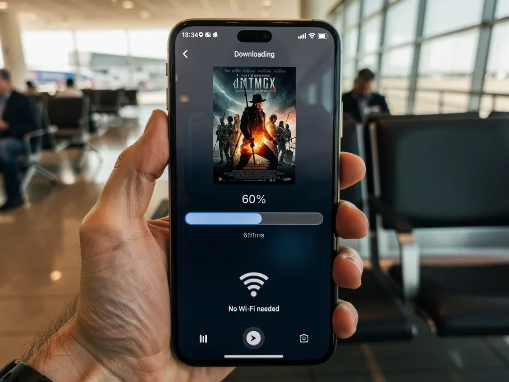 Pantalla de smartphone mostrando descarga de contenido para uso offline, ideal para viajes sin conexión a internet.