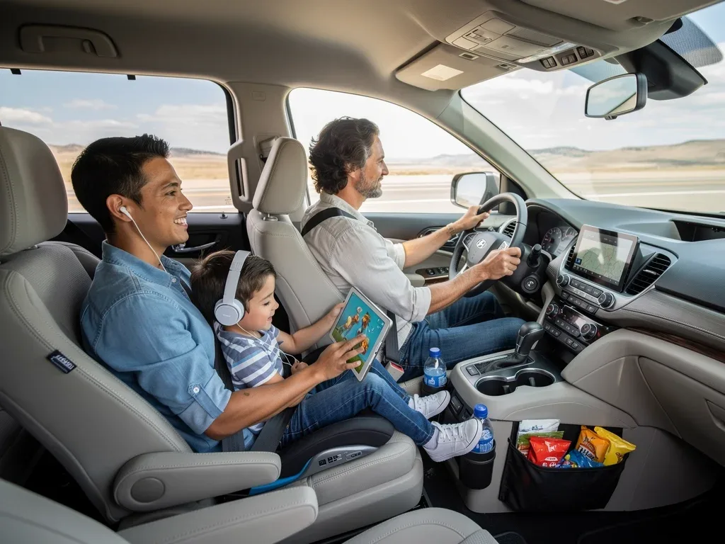 Familia en un viaje por carretera en Estados Unidos, con niños entretenidos viendo contenido descargado en dispositivos.
