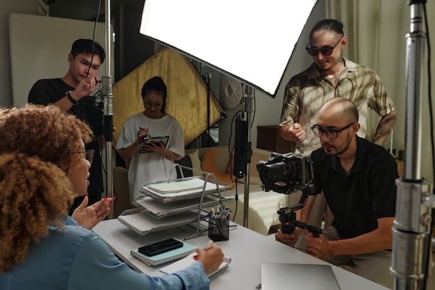 A behind-the-scenes photo of a diverse writing team brainstorming ideas for a drama series, highlighting the importance of inclusivity behind the camera.