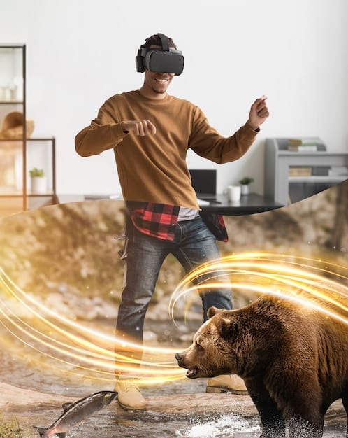 A person wearing a VR headset and holding controllers, fully immersed in a virtual reality experience. On the screen in front of them, a scene from a drama series is visible.