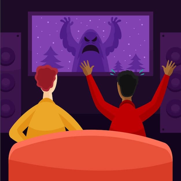 A person sitting on a couch, laughing while watching a show on a large screen TV. The room is cozy and well-lit, with a focus on the screen displaying a scene from a popular comedy series.