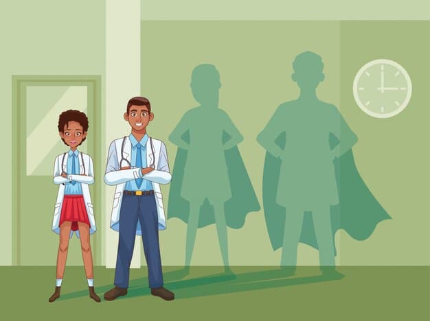Ted Lasso (Ted Lasso) standing in a hospital hallway, looking encouraging, next to J.D. (Scrubs) who is in mid-daydream, with Turk giving J.D. a confused look.