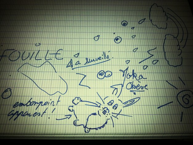 A close-up of a whiteboard in a writers' room, with various joke structures and punchline formulas scribbled on it. Arrows and annotations highlight the key elements of comedic timing and surprise.