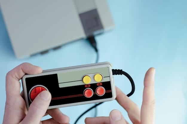 A close-up shot of an in-series character holding a retro video game console. The console should be easily recognizable (e.g., original Nintendo), but the game being played is a slightly altered version of a popular title, offering a subtle nod to gaming culture.