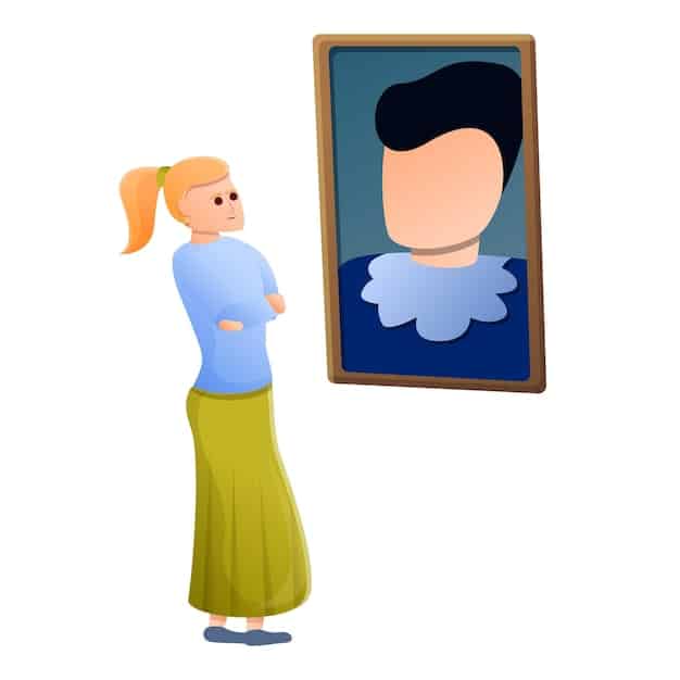 An animated character thoughtfully looking in a mirror, reflecting various aspects of their identity, such as ethnicity, gender, and cultural background, symbolizing the internal struggle of self-discovery.