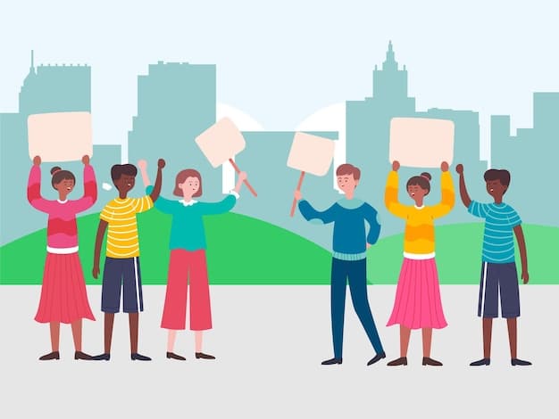 An animated cityscape with diverse characters protesting peacefully, holding signs with messages of equality and social justice, symbolizing the role of animation in social commentary.