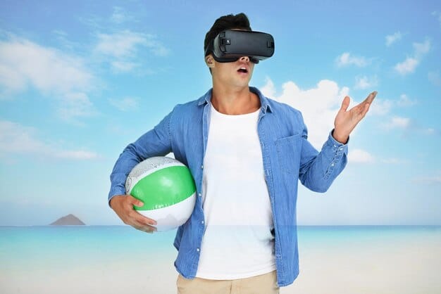 A person wearing a VR headset, fully immersed in a virtual reality reality TV show. The VR environment shows a tropical island with contestants competing in challenges.