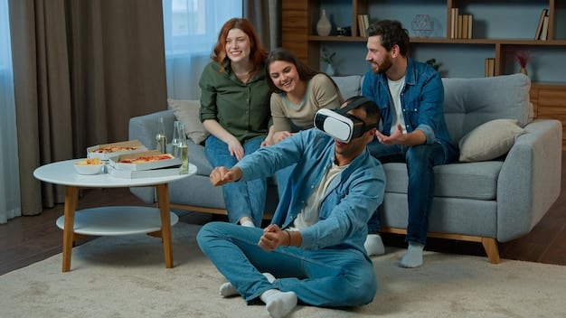 A group of friends wearing VR headsets, laughing and cheering while watching an interactive reality TV show together in a living room.