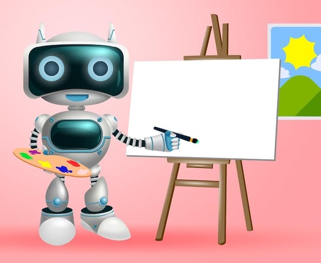 A cartoonish depiction of an AI robot holding a clapperboard with 