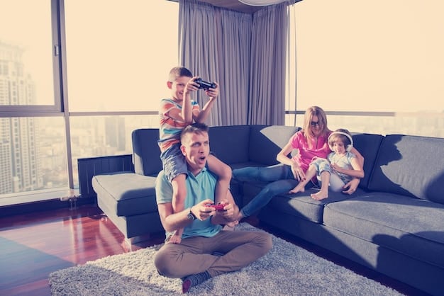 A photo of a family happily watching a reality TV show together in their living room, highlighting the shared experience and social interaction that reality TV can create. The room should be cozy and inviting.