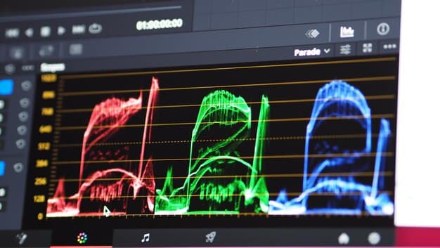 A close-up shot of editing software with various video and audio tracks, highlighting the complexity and potential for manipulation in the editing process. Sound waves and waveforms are visible.