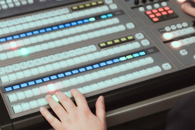 An image of a sound editor working on a soundboard with multiple knobs and sliders, highlighting the complexity and control they have over the audio elements of a reality TV show.