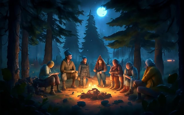 A group of Survivor contestants huddled around a campfire, whispering and plotting. The scene should be dimly lit, emphasizing the secretive and strategic nature of the game.