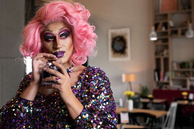 A drag queen in elaborate makeup and costume performing a dramatic lip sync on the RuPaul's Drag Race stage. The scene should be brightly lit, capturing the energy and extravagance of the performance.
