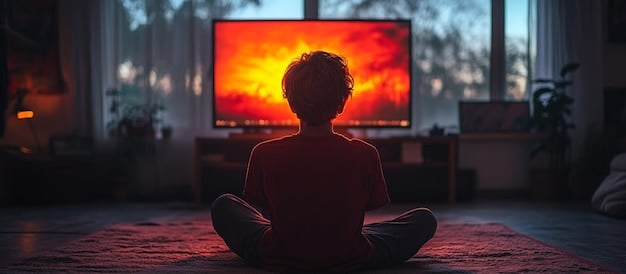 A calm person meditating or doing a light stretch near a turned-off TV screen, symbolizing a mindful break from screen time.
