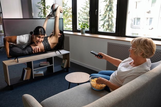 A person comfortably stretching on a sofa during a break from watching TV, with a remote control nearby. The scene suggests taking a mindful pause during a binge-watching session.