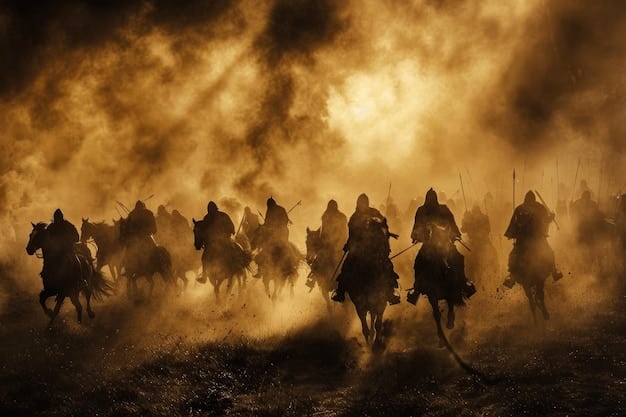 A dramatic wide shot of Joseon-era soldiers and commoners fighting off a horde of fast-moving zombies in a historical Korean village, emphasizing the blend of period drama and zombie horror. The lighting is dim, suggesting dusk or dawn, with a sense of urgency.