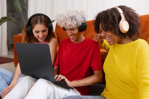 A diverse group of people engrossed in watching content on various devices – a laptop showing a documentary, a phone playing a podcast, and a tablet displaying a YouTube video – all in a casual, home setting.