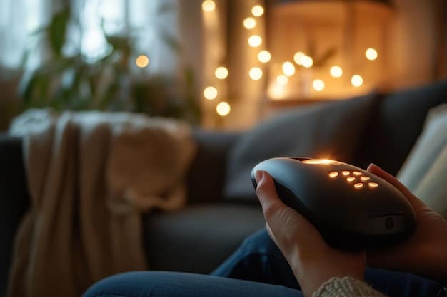 A close-up shot of a television remote control resting on a sofa cushion, with a blurred background showing a living room at night and the soft glow of a TV screen.