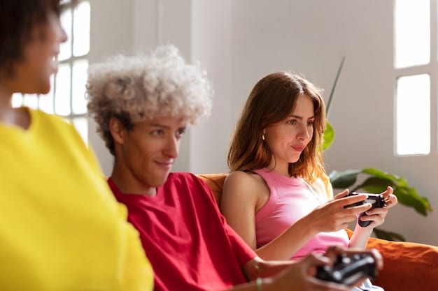 A tight shot of a group of friends, diverse in age and ethnicity, enthusiastically discussing a show. One person holds a smartphone displaying a social media feed related to a TV series.