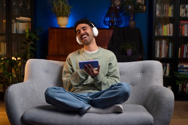 A person sitting calmly with headphones on, smiling faintly while watching a series on a tablet, surrounded by a peaceful, slightly blurred background, emphasizing personal space and relaxation.
